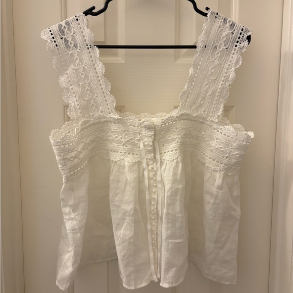 Doen Tops - Doen White Linen Lace-Trim Button Front Tank